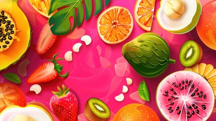 Vibrant Fruit Collage on Pink Background.