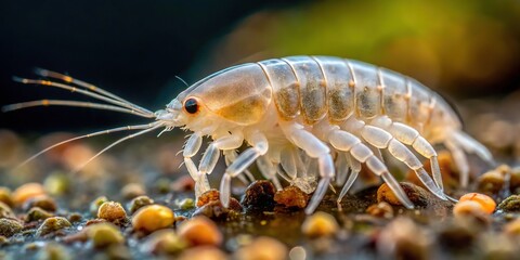 A drone shoots a sharp focus on a solitary amphibod, its body a dull gray from being washed away from its natural habitat.
