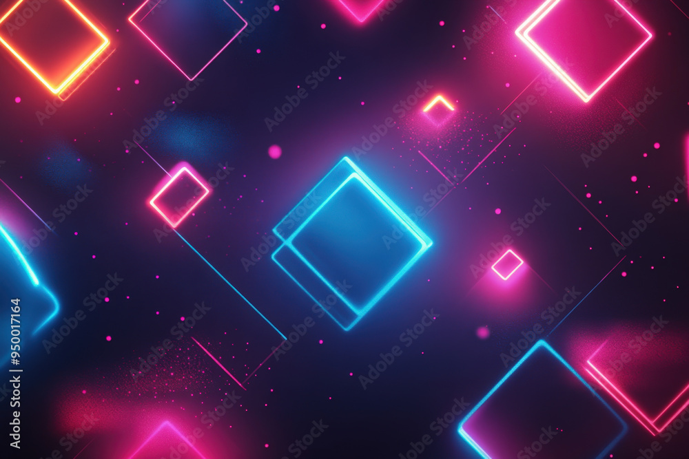 Poster colorful neon squares are floating on a dark background with particles, creating a futuristic atmosp