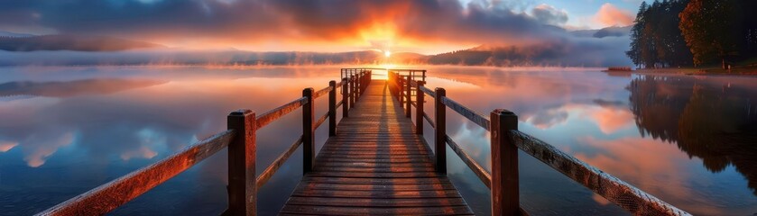 Fototapeta premium Lake dock at sunrise, serene and inviting, Nature, Warm hues, Photograph, Peaceful scene