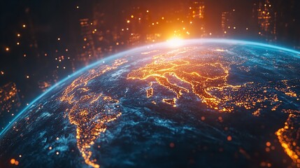 Obraz premium Panoramic view on planet Earth globe from space. Glowing city lights, light clouds. Generative AI