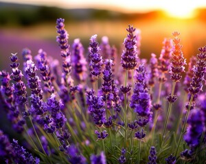 Fototapeta premium Lavender field in bloom, vibrant and aromatic, Botanical, Soft purples, Photograph, Floral beauty