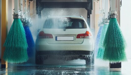 Innovative Automatic Car Wash: Vehicle Cleansing with Green and Blue Brushes. High-Tech Automotive Cleaning Process Showcasing Water Spray and Efficient Machinery. Modern Convenience for Urban Drivers