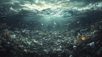 Obraz premium An ocean filled with plastic waste and debris, showcasing environmental crisis. scene captures stark contrast between serene water surface and chaotic underwater pollution.