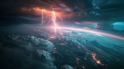 The abstract beauty of a lightning storm captivates. Dark clouds and rain enhance the scene's drama.