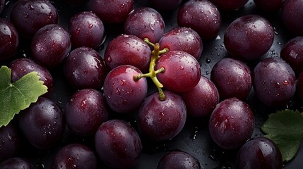 Closeup of Fresh Red Grapes with Water Drops and a Green Leaf, Seamless Background