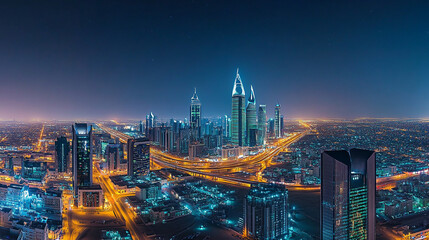 Fototapeta premium Modern skyscraping city towers and buildings illuminated at night timelapse during the blue hour aerial rooftop view