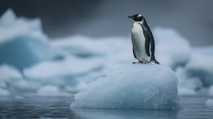 Fototapeta premium A lone penguin standing on rapidly melting iceberg, showcasing stark beauty of nature.