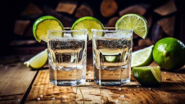 Gold tequila shot with lime fruits on black background. Neural network ai generated art