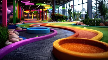 Mini golf course with quirky obstacles, playful and fun, Amusement, Bright colors, Photograph, Leisure activity