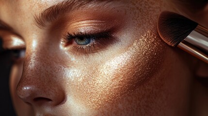A close-up of a bronzer being applied to the cheek, creating a sun-kissed glow on the skin.