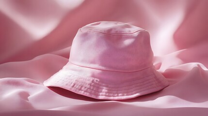 Pastel pink bucket hat, soft fabric texture, minimalist design, studio photography, subtle shadows, clean background, product shot, centered composition.