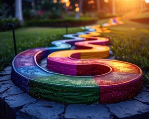 Mini golf course with vibrant obstacles, playful and fun, Amusement, Bright colors, Photograph, Leisure activity