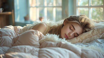 Fototapeta premium Serene Nap in Cozy Bedroom - Hyper Realistic Image of Young Woman Relaxing in Soft Pastel Colored Room with Natural Light