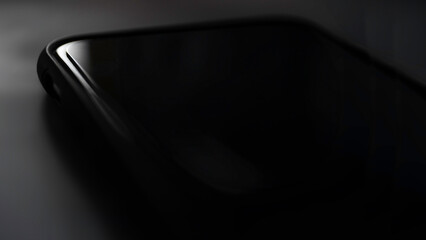 Screen of a black mobile phone lying on a dark table. Light falls over the corner of the device