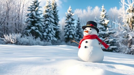 Obraz premium A cheerful snowman with hat stands in a serene winter landscape, surrounded by soft snow and frosty trees under a clear blue sky