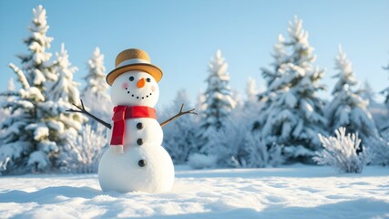 Obraz premium A cheerful snowman with hat stands in a serene winter landscape, surrounded by soft snow and frosty trees under a clear blue sky