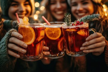 Friends drinking delicious mulled wine at party. Shot of a group of cheerful young friends having fun and enjoying hot drink on the Christmas market at an evening party. Close up