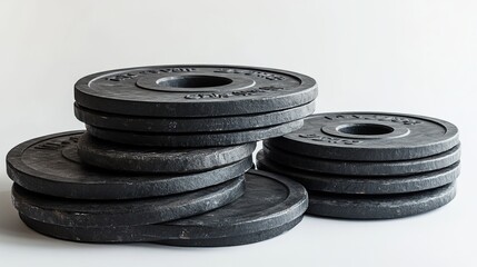 A set of weight plates of various sizes neatly stacked on a white background, creating a visually appealing composition.