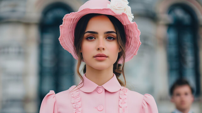Woman Pink Dress Standing Front Bui