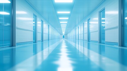 Soft blue-toned hospital corridor, blurred perspective, clean modern interior, fluorescent ceiling lights, reflective floor, sterile atmosphere, empty hallway.