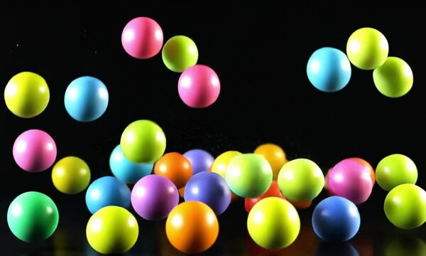 Colorful balls fall and bounce on the black floor and black background