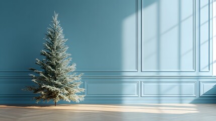 Undecorated Christmas tree in minimalist room, light blue walls, wooden floor, natural sunlight from window, bare interior, simple elegant design, festive concept.
