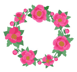 Frame of pink flowers. Vector floral illustrations of buds, leaves. Drawing in flat style. Vector illustration