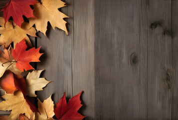 Obraz premium A wooden background with autumn leaves