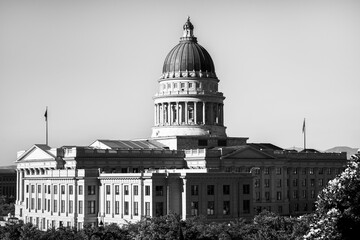 The Utah State Capitol Building in Salt Lake City, black and white retro-style photo