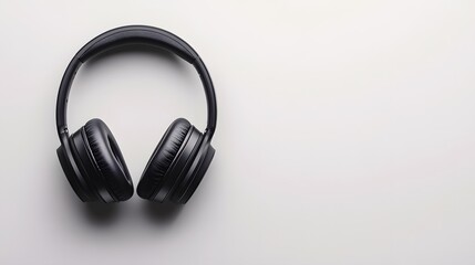 Wireless black headphones on a pure white background, top view, minimalist, studio photography, high contrast, product shot.