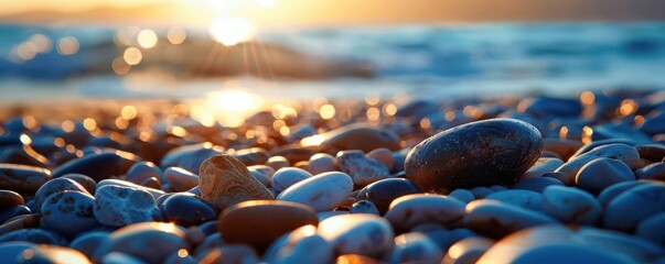 Fototapeta premium Pebble beach with smooth stones, serene and natural, Coastal, Cool tones, Photograph, Shoreline detail