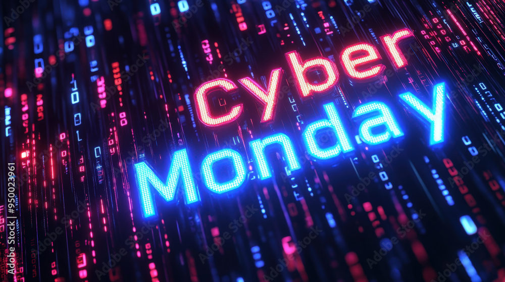 Poster neon glowing cyber monday sign with binary code data flowing in the background