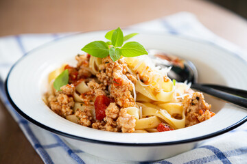 Pasta. Fettuccine with Turkey and Fresh Basil