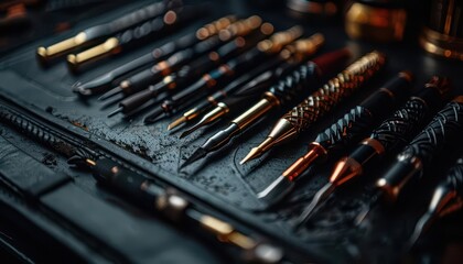 Piercing studio with tools and jewelry, edgy and precise, Urban, Cool tones, Photograph, Body art