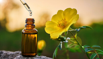 Rock rose yellow Flower Remedy Bach, Helianthenum nummalarium, Drop Essence, Glass Pipette transparent with drop, Bottle Glass Brow, Nature, Field, therapy flower, floral Bach