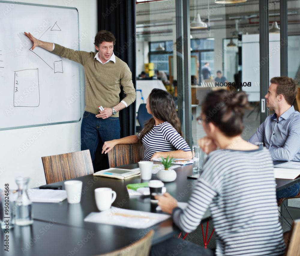 Poster Businessman, whiteboard and presentation with team in meeting for company steps, mission or workflow at office. Man or speaker talking to employees with graph or chart for work structure in boardroom