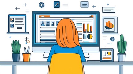 Recruitment professional using a vector-based interface with tools for interviewing and applicant tracking, presented in a modern style.