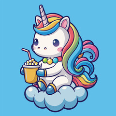 Cute Baby Unicorn Cartoon Style Vector on blue Background