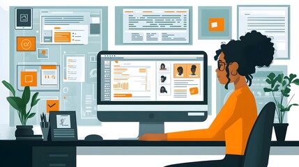 Recruitment professional using a vector-based interface with tools for interviewing and applicant tracking, presented in a modern style.