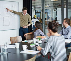 Businessman, whiteboard and presentation with team in meeting for company steps, mission or workflow at office. Man or speaker talking to employees with graph or chart for work structure in boardroom