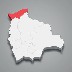 Pando department location within Bolivia 3d map