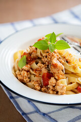 Pasta. Fettuccine with Turkey and Fresh Basil