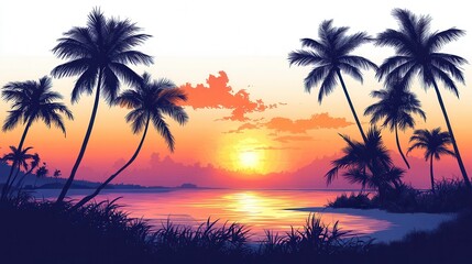 Obraz premium Vibrant tropical sunset over calm waters, featuring silhouettes of palm trees and a colorful sky, perfect for serene escape visuals.