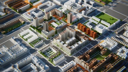 Fototapeta premium Detailed Architectural Rendering of Urban City Layout with High-Rise Buildings and Green Spaces