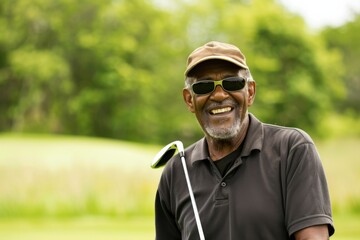 A man in a black shirt and sunglasses is smiling and holding a golf club. Concept of happiness and leisure, as the man is enjoying a day out on the golf course