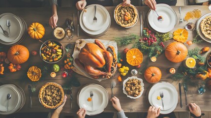Overhead view of a Thanksgiving table filled with food and pumpkins.