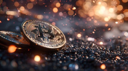 A close up of a Bitcoin cryptocurrency coin, a digital currency.