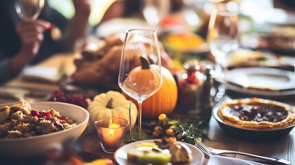 A Thanksgiving table setting with a glass of wine, pumpkins, and a variety of dishes.