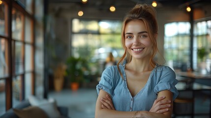Confident and Composed: A young woman exudes confidence and warmth, her arms crossed, eyes sparkling, in a modern cafe setting. Her smile is radiant.